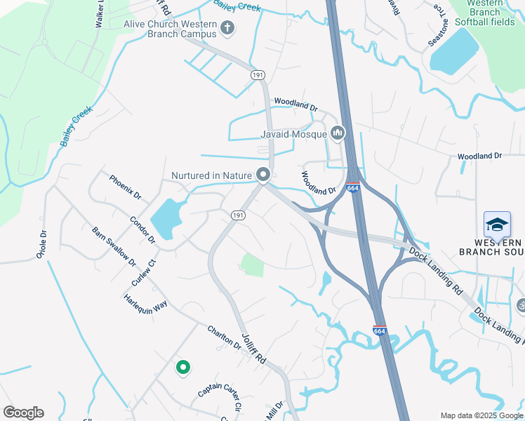 map of restaurants, bars, coffee shops, grocery stores, and more near 1708 Wampler Place in Chesapeake