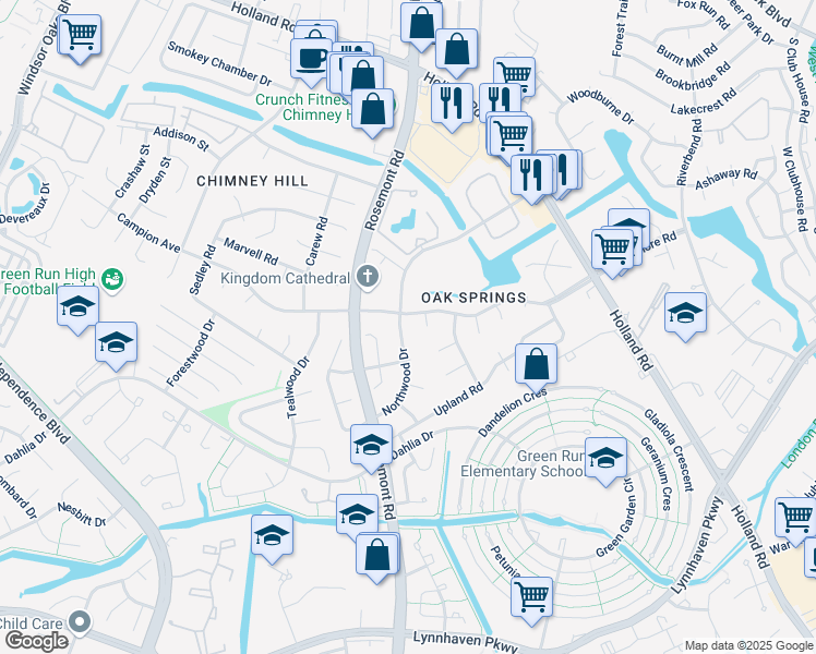 map of restaurants, bars, coffee shops, grocery stores, and more near 901 Shady Hollow Lane in Virginia Beach