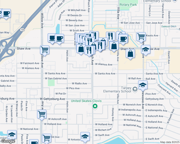 map of restaurants, bars, coffee shops, grocery stores, and more near 421 West Santa Ana Avenue in Clovis