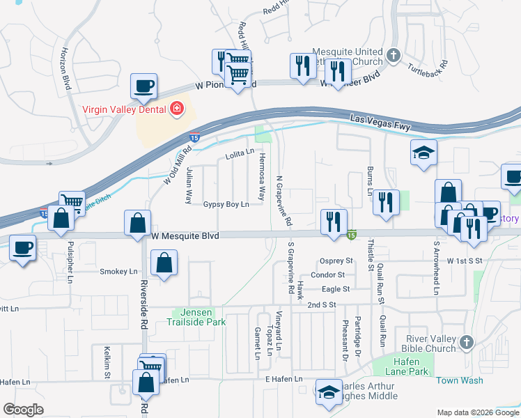 map of restaurants, bars, coffee shops, grocery stores, and more near 120 Wildfang Way in Mesquite