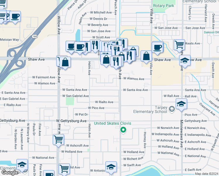 map of restaurants, bars, coffee shops, grocery stores, and more near 471 West Santa Ana Avenue in Clovis