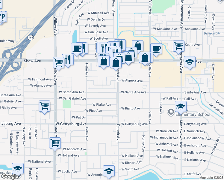 map of restaurants, bars, coffee shops, grocery stores, and more near 441 West Santa Ana Avenue in Clovis