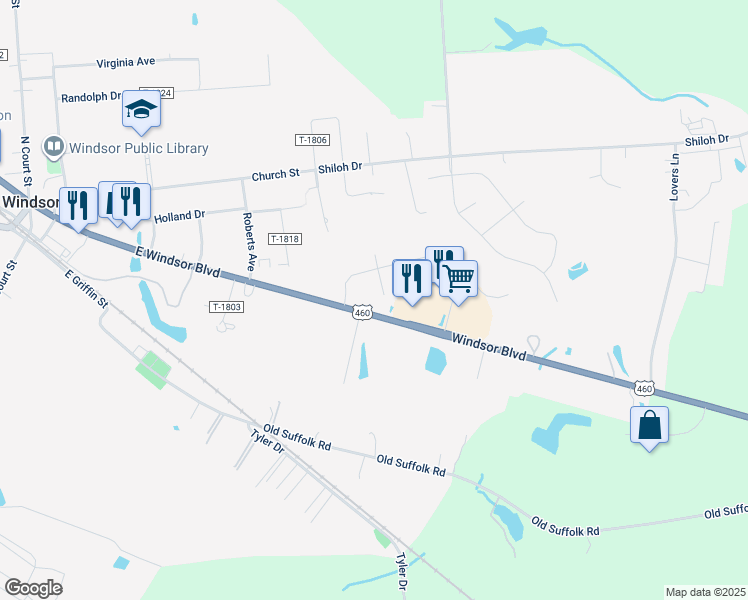 map of restaurants, bars, coffee shops, grocery stores, and more near 104 Weaver Court in Windsor