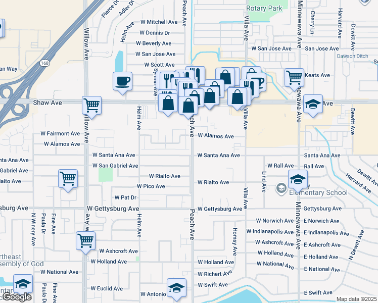 map of restaurants, bars, coffee shops, grocery stores, and more near 411 West Santa Ana Avenue in Clovis
