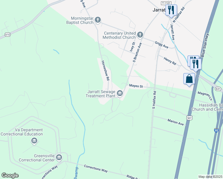 map of restaurants, bars, coffee shops, grocery stores, and more near 540 Horseshoe Road in Jarratt
