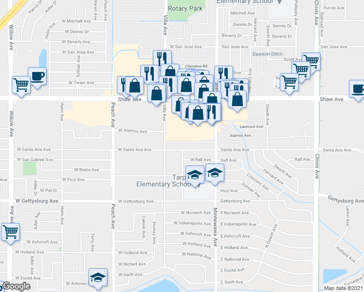 map of restaurants, bars, coffee shops, grocery stores, and more near 135 W Santa Ana Ave in Clovis