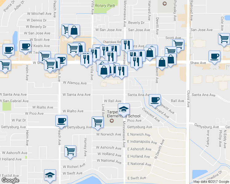 map of restaurants, bars, coffee shops, grocery stores, and more near 61 W Santa Ana Ave in Clovis
