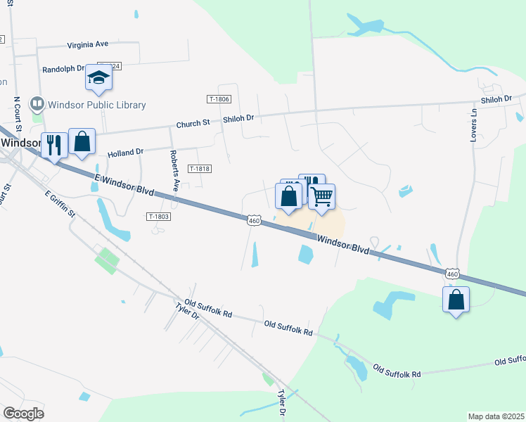 map of restaurants, bars, coffee shops, grocery stores, and more near 104 Weaver Court in Windsor
