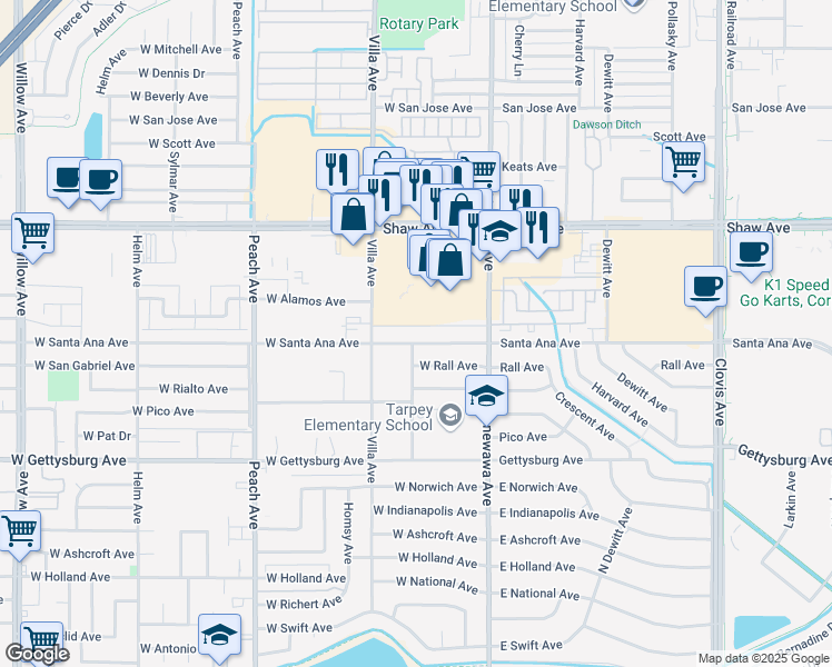 map of restaurants, bars, coffee shops, grocery stores, and more near 125 West Santa Ana Avenue in Clovis