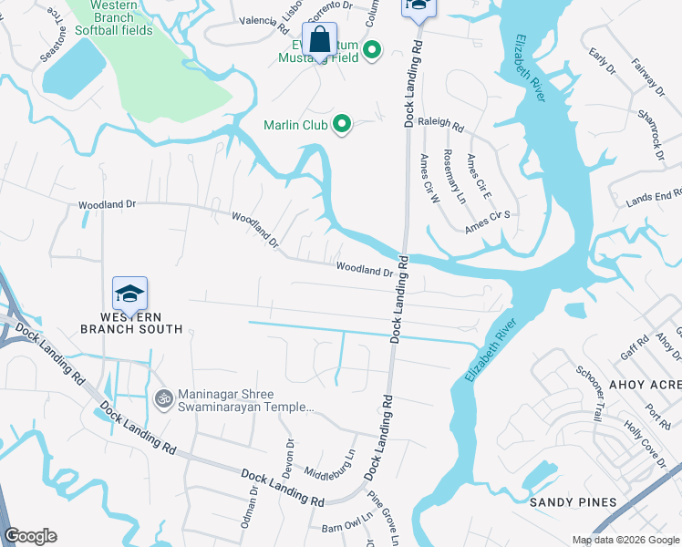 map of restaurants, bars, coffee shops, grocery stores, and more near 4025 Woodland Drive in Chesapeake