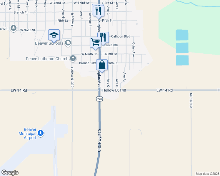 map of restaurants, bars, coffee shops, grocery stores, and more near 1224 Avenue C in Beaver