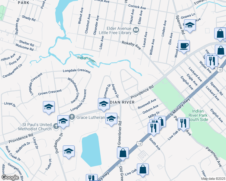 map of restaurants, bars, coffee shops, grocery stores, and more near 2017 Angora Drive in Chesapeake