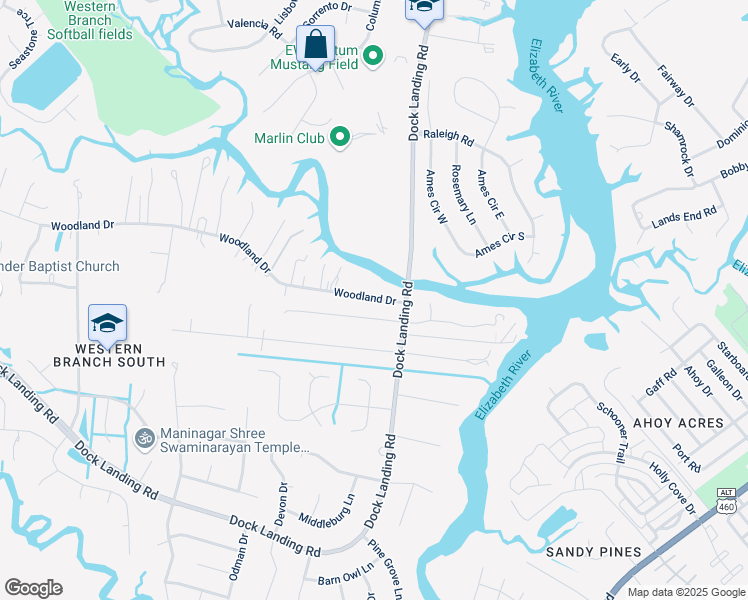 map of restaurants, bars, coffee shops, grocery stores, and more near 4009 Woodland Drive in Chesapeake