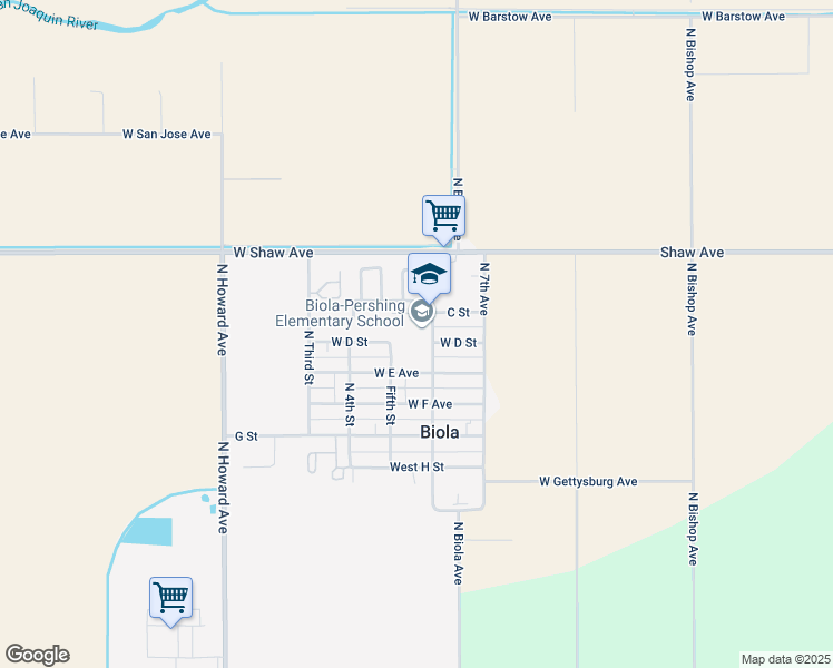 map of restaurants, bars, coffee shops, grocery stores, and more near 4885 North Biola Avenue in Fresno