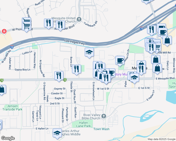 map of restaurants, bars, coffee shops, grocery stores, and more near 129 North Arrowhead Lane in Mesquite
