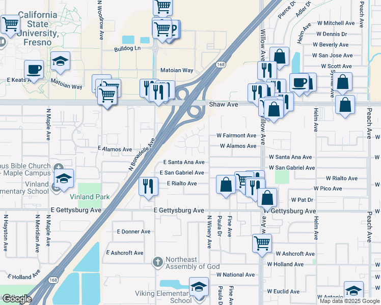 map of restaurants, bars, coffee shops, grocery stores, and more near 4819 North Winery Circle in Fresno