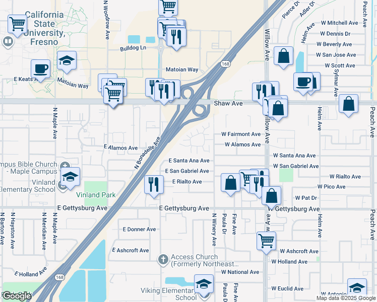 map of restaurants, bars, coffee shops, grocery stores, and more near 4853 North Winery Circle in Fresno