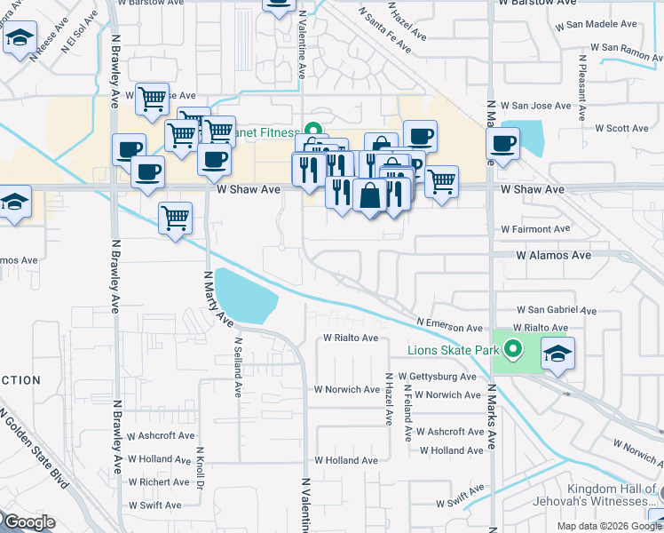 map of restaurants, bars, coffee shops, grocery stores, and more near 3315 West Alamos Avenue in Fresno