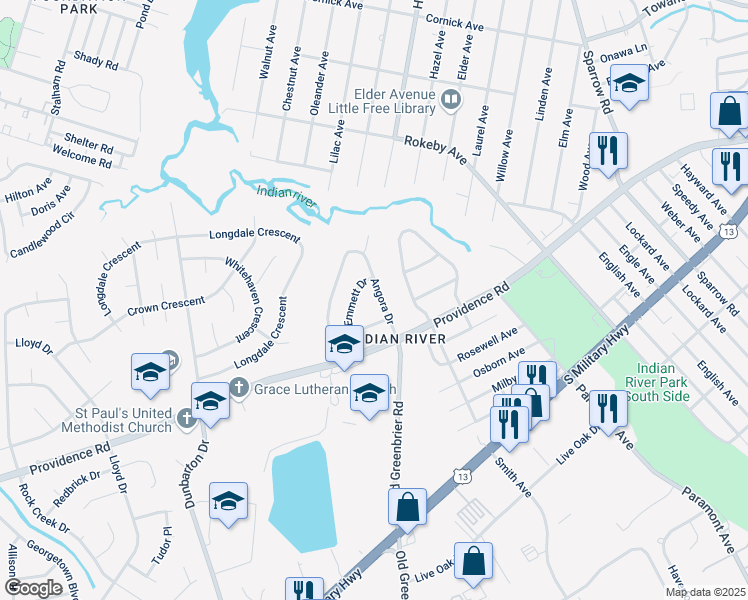 map of restaurants, bars, coffee shops, grocery stores, and more near 2017 Angora Drive in Chesapeake