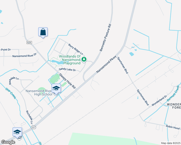 map of restaurants, bars, coffee shops, grocery stores, and more near 1008 Bennetts Pasture Road in Suffolk