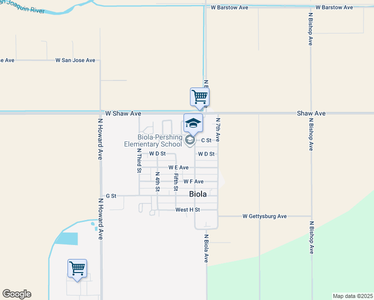 map of restaurants, bars, coffee shops, grocery stores, and more near 4885 North Biola Avenue in Fresno