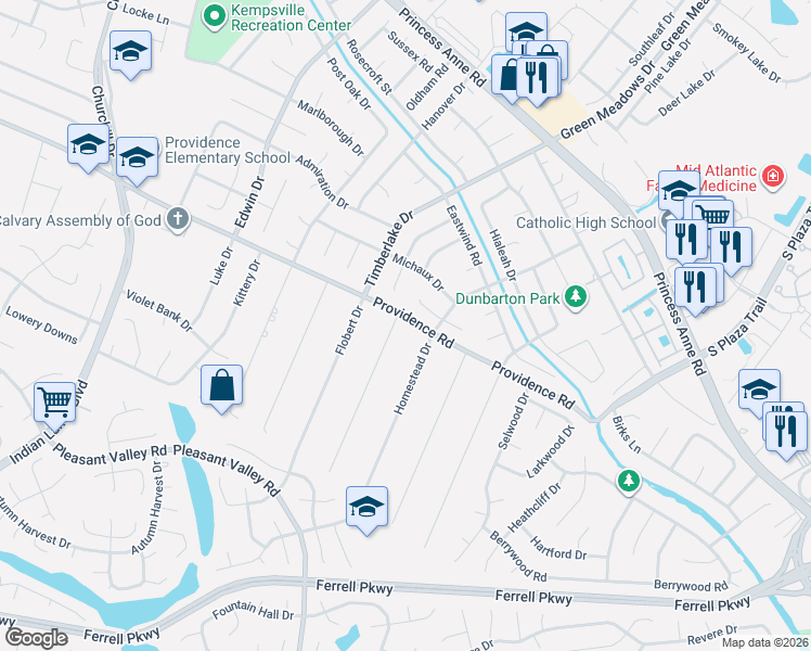 map of restaurants, bars, coffee shops, grocery stores, and more near 1100 Shenvalee Drive in Virginia Beach