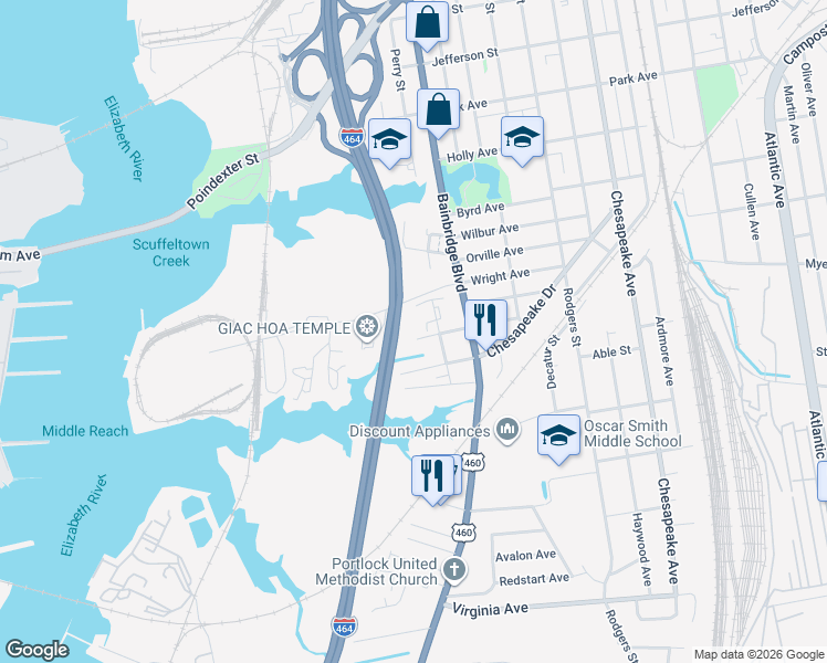 map of restaurants, bars, coffee shops, grocery stores, and more near 2016 Mclain Street in Chesapeake