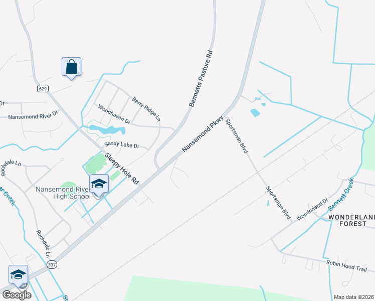 map of restaurants, bars, coffee shops, grocery stores, and more near 3524 Nansemond Parkway in Suffolk