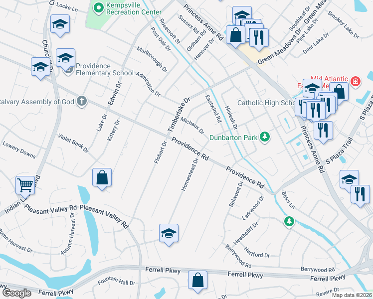 map of restaurants, bars, coffee shops, grocery stores, and more near 1100 Shenvalee Drive in Virginia Beach