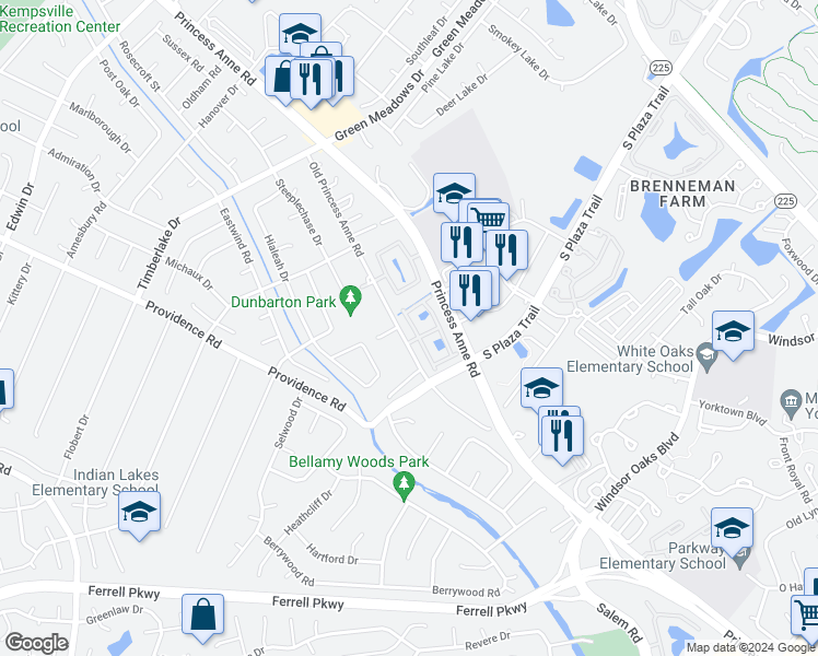 map of restaurants, bars, coffee shops, grocery stores, and more near 4513 Brinker Drive in Virginia Beach