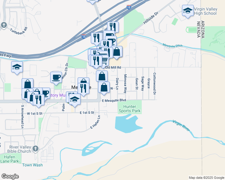 map of restaurants, bars, coffee shops, grocery stores, and more near 98 Hughes Avenue in Mesquite