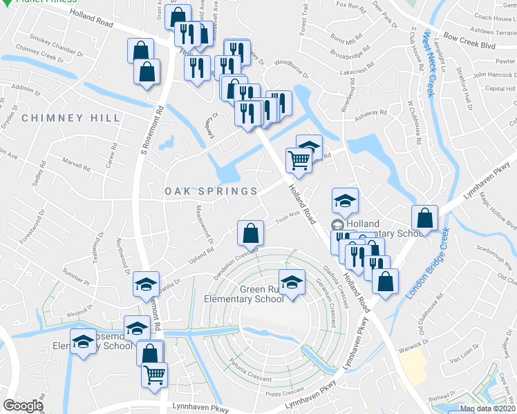 map of restaurants, bars, coffee shops, grocery stores, and more near 1038 Smoke Tree Lane in Virginia Beach