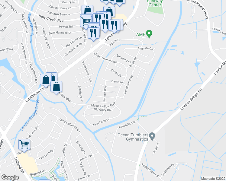 map of restaurants, bars, coffee shops, grocery stores, and more near 2908 Durbin Place in Virginia Beach