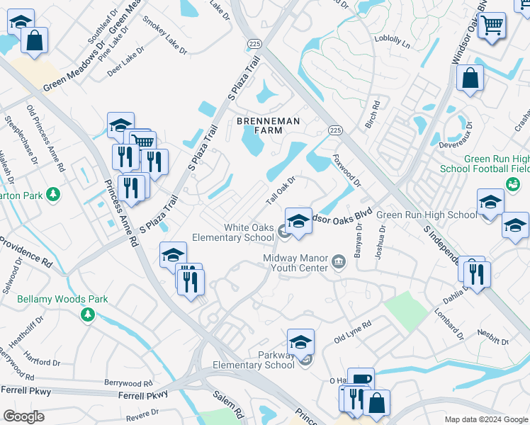map of restaurants, bars, coffee shops, grocery stores, and more near 1092 Tall Oak Drive in Virginia Beach