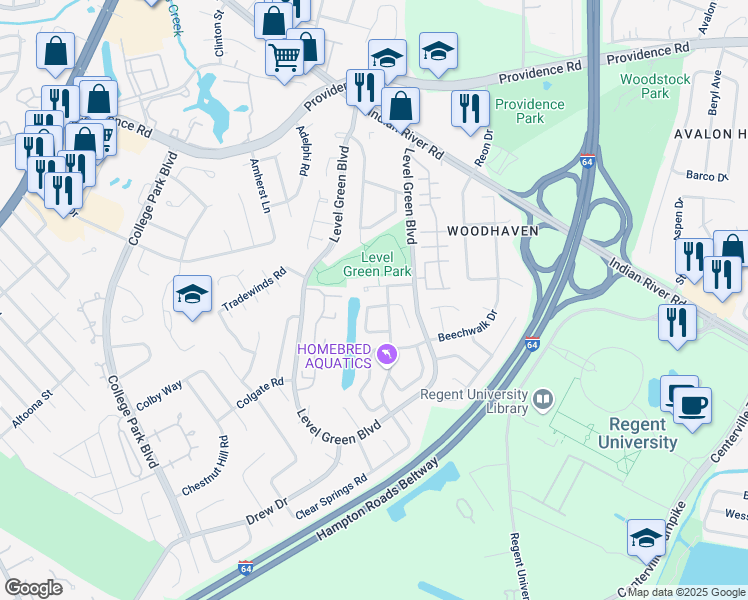 map of restaurants, bars, coffee shops, grocery stores, and more near 5966 Edgelake Drive in Virginia Beach