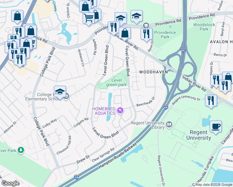 map of restaurants, bars, coffee shops, grocery stores, and more near 5966 Edgelake Drive in Virginia Beach