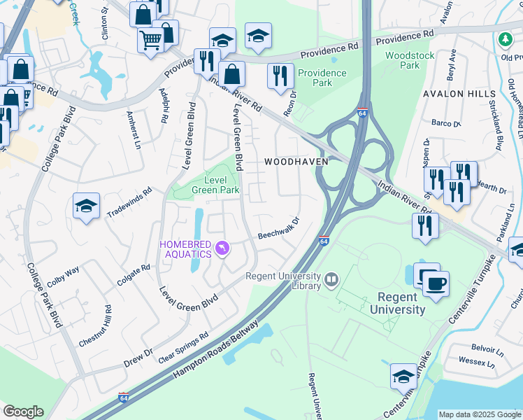 map of restaurants, bars, coffee shops, grocery stores, and more near 1105 Evert Drive in Virginia Beach