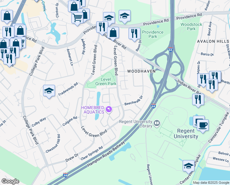 map of restaurants, bars, coffee shops, grocery stores, and more near 5917 Clear Springs Court in Virginia Beach