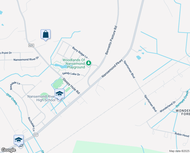 map of restaurants, bars, coffee shops, grocery stores, and more near 1008 Bennetts Pasture Road in Suffolk