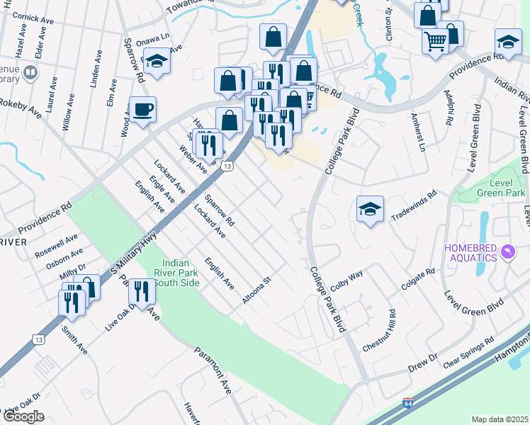 map of restaurants, bars, coffee shops, grocery stores, and more near 2026A Speedy Avenue in Chesapeake