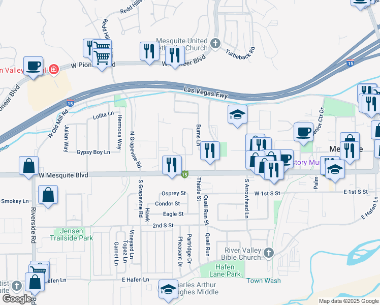 map of restaurants, bars, coffee shops, grocery stores, and more near 517 West Mesquite Boulevard in Mesquite