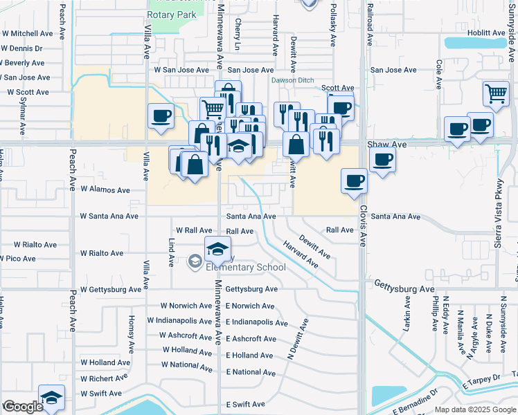 map of restaurants, bars, coffee shops, grocery stores, and more near 240 Alamos Avenue in Clovis