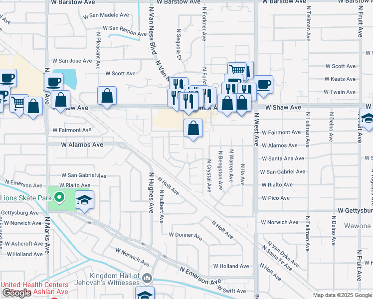 map of restaurants, bars, coffee shops, grocery stores, and more near 4906 North Sequoia Drive in Fresno