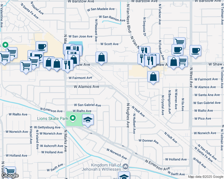 map of restaurants, bars, coffee shops, grocery stores, and more near 2407 West Alamos Avenue in Fresno