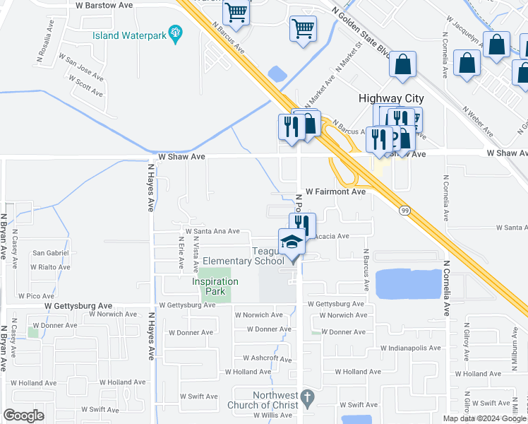 map of restaurants, bars, coffee shops, grocery stores, and more near 5645 West Shaw Avenue in Fresno