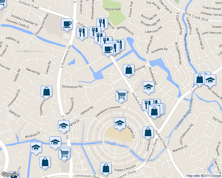 map of restaurants, bars, coffee shops, grocery stores, and more near 920 Silvertree Court in Virginia Beach