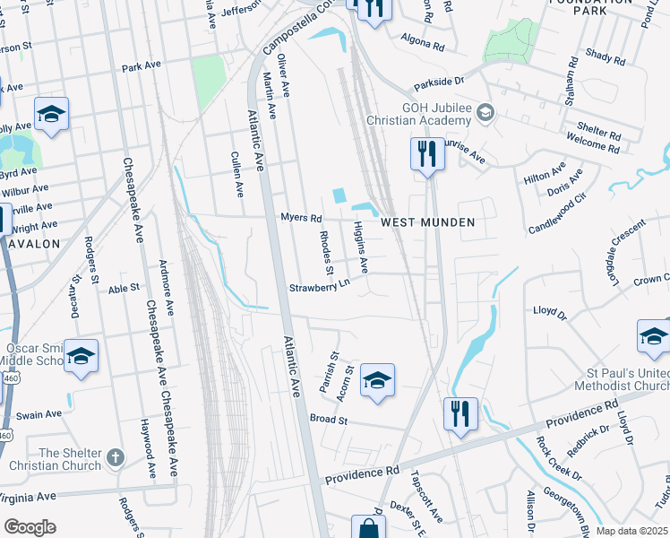 map of restaurants, bars, coffee shops, grocery stores, and more near 1632 Rhodes Street in Chesapeake