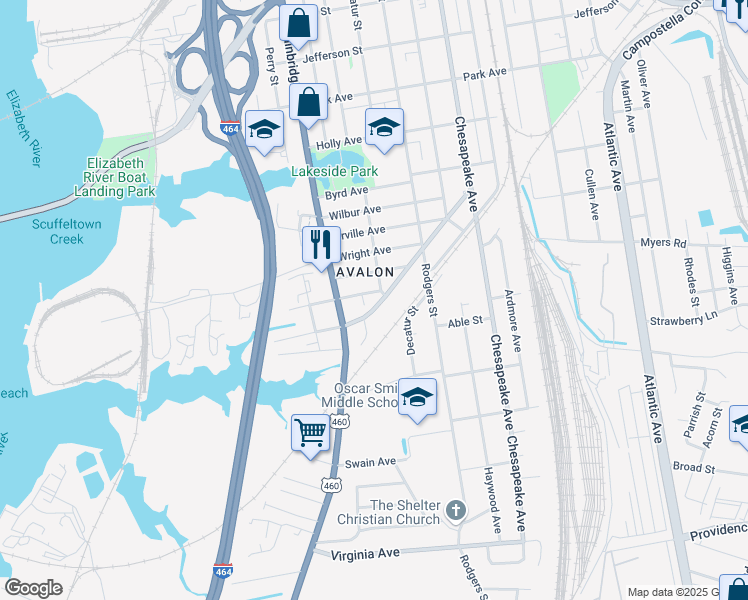 map of restaurants, bars, coffee shops, grocery stores, and more near 2000 Chesapeake Drive in Chesapeake