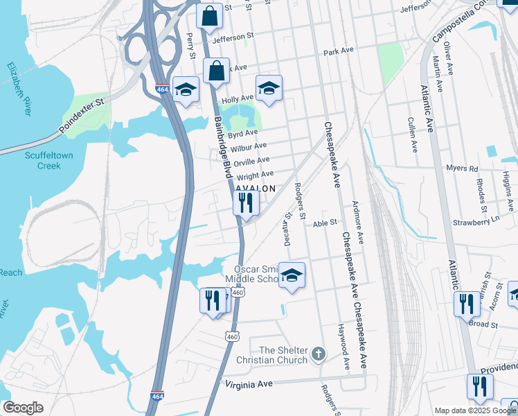 map of restaurants, bars, coffee shops, grocery stores, and more near 2000 Chesapeake Drive in Chesapeake