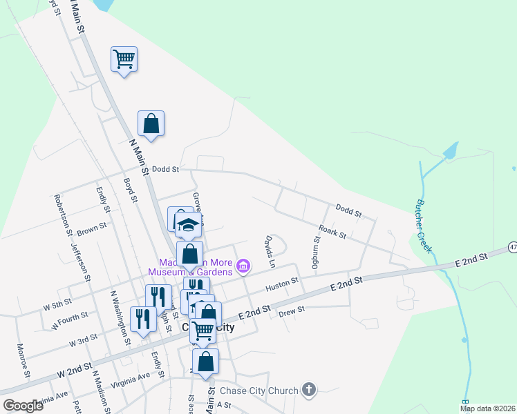 map of restaurants, bars, coffee shops, grocery stores, and more near 560 Harvey's Lane in Chase City